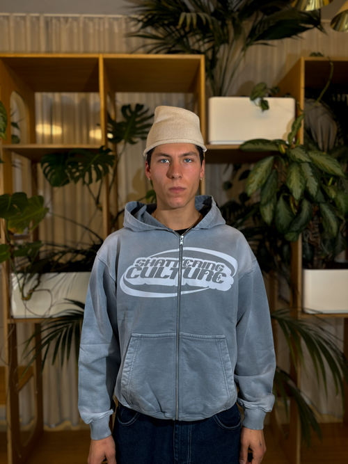 Model wearing ShatteringCulture SUNFADED ZIPPER 